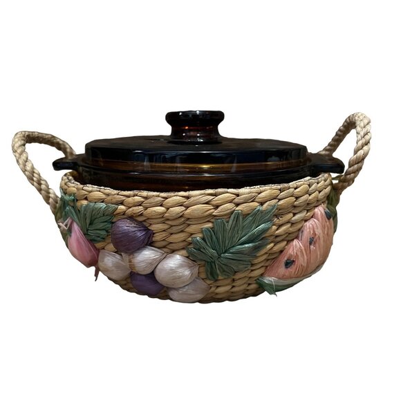 Vintage Anchor Hocking 1 Quart Casserole Baking Dish with Lid and Wicker Woven C - Picture 7 of 16